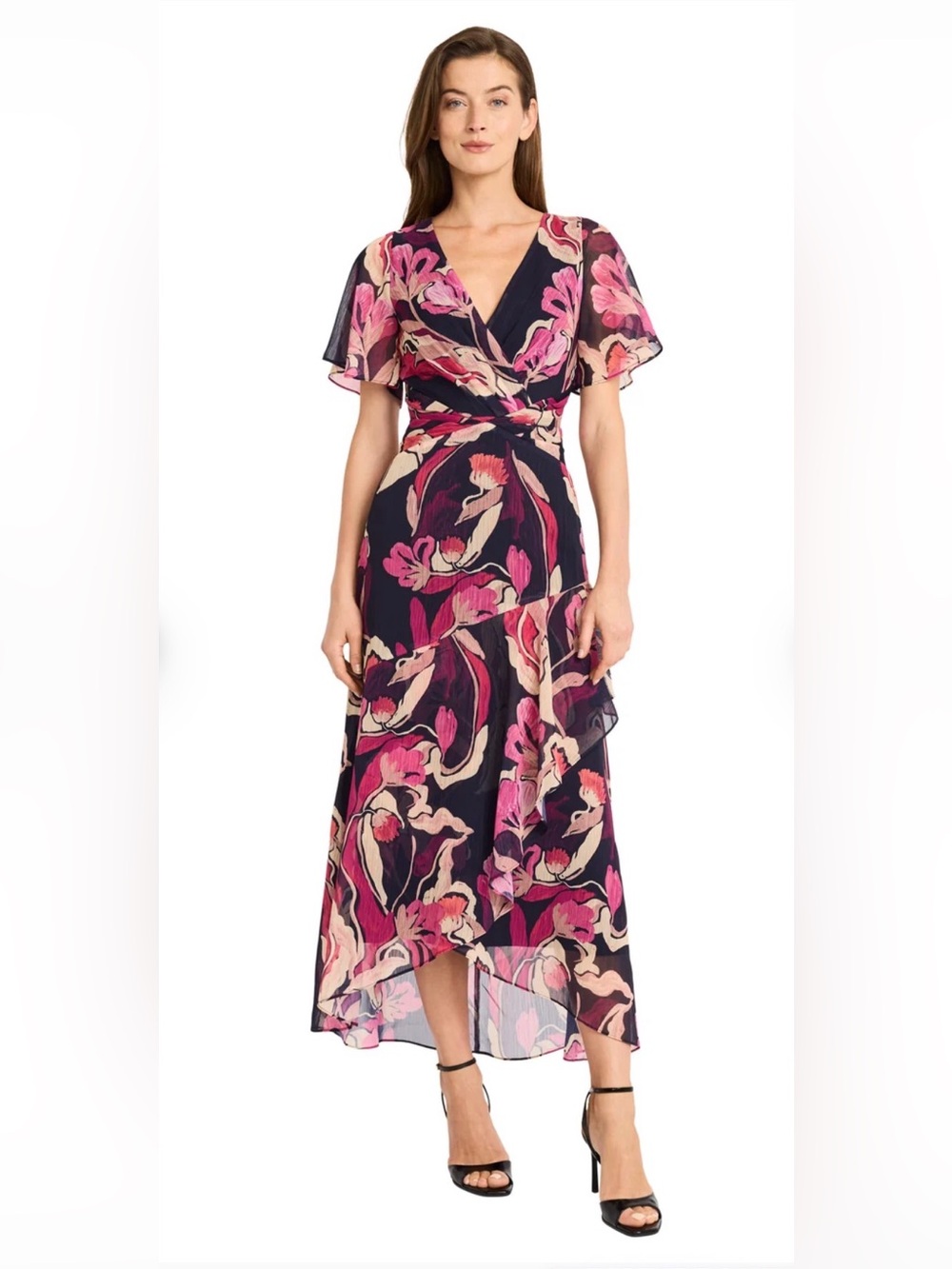 Maggie London Floral Wrap Midi Dress - Pink Floral on Navy Sz 6 nwt